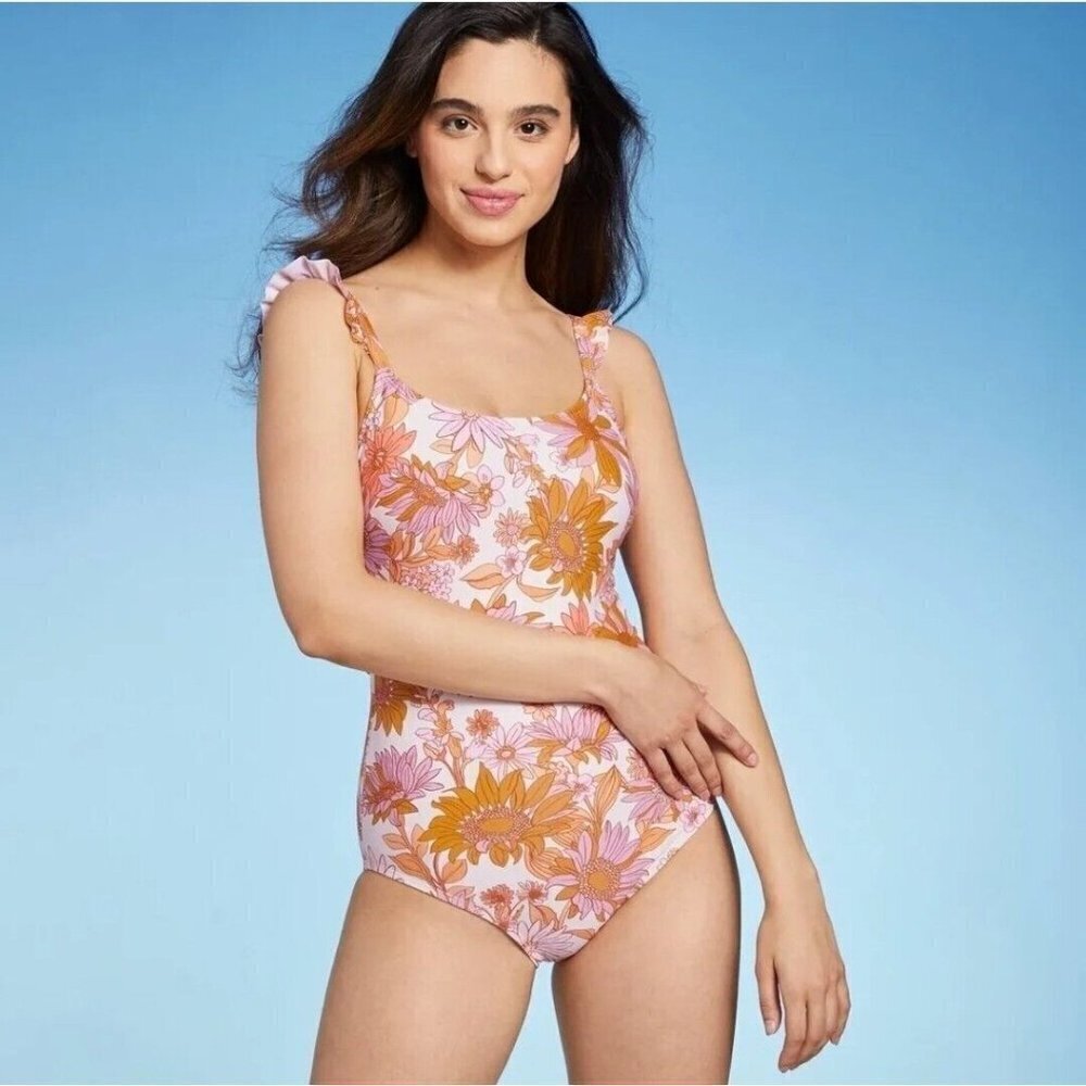 Kona Sol Swimsuit Women's Small Autumn Floral Ruffle Strap Medium Coverage Retro